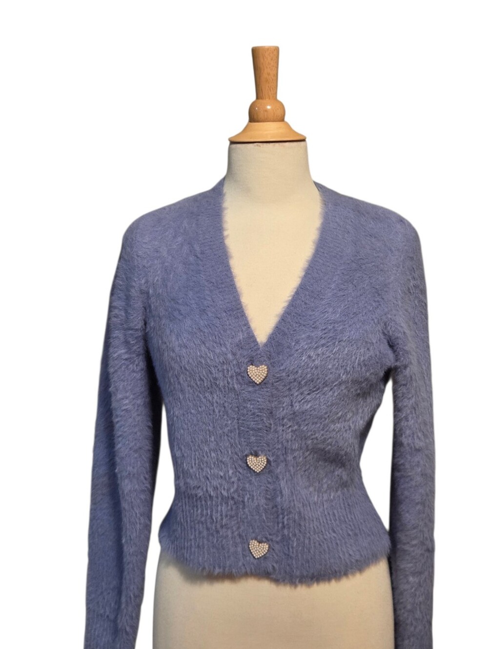 Vici Lavender Fuzzy V-Neck Cardigan with Heart Buttons
